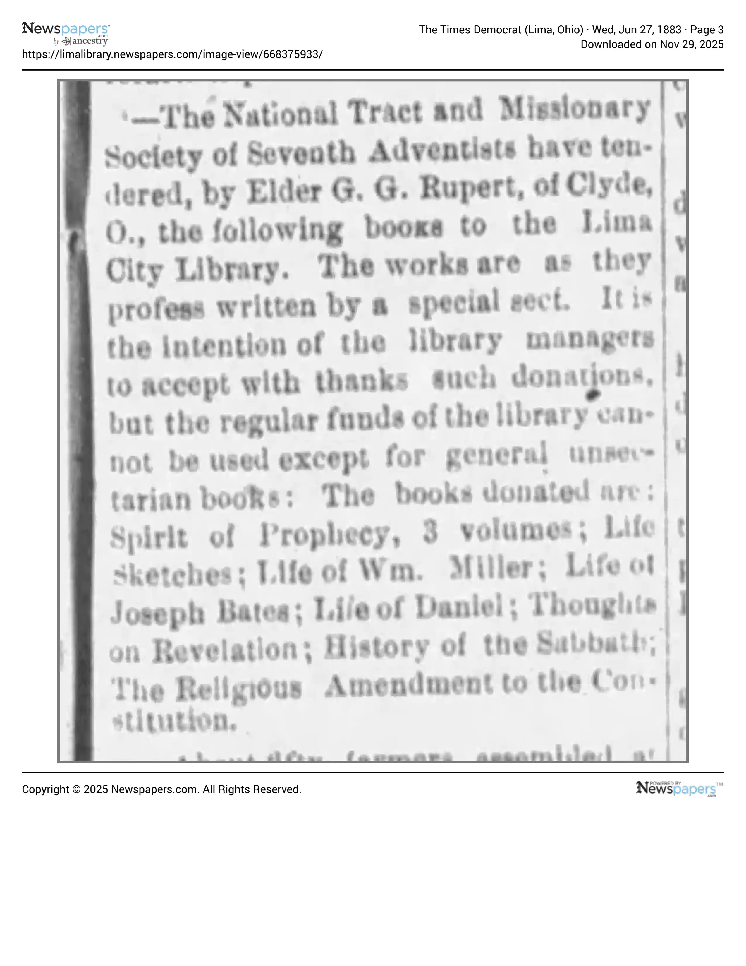 The Times Democrat 1883-06-27 Page 3, Greenberry George Rupert Book Donation